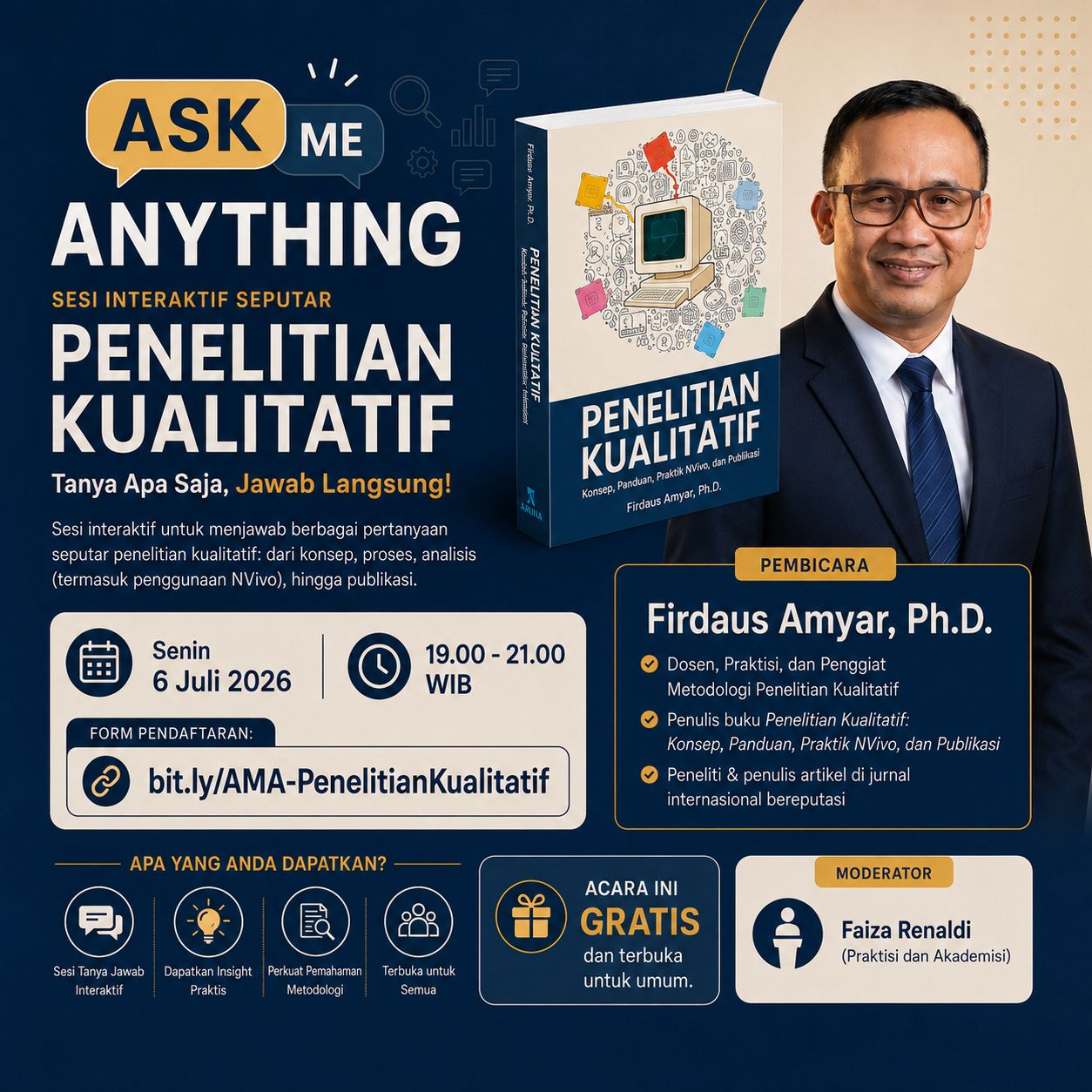 Poster Ask Me Anything — Sesi Interaktif Penelitian Kualitatif bersama Firdaus Amyar, Ph.D.
